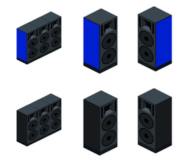 Isometric 3D vector illustrationconcept collection of technology. Speakers for music, sound amplifier