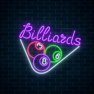 Glowing neon signboard of bar with billiards on brick wall background. Billiard balls in triangle frame.