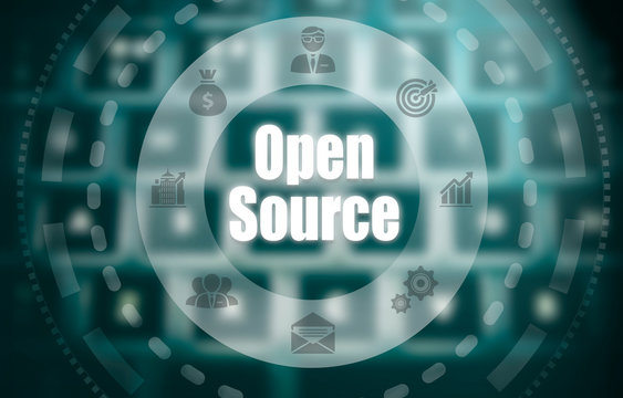 Selecting a Open Source business concept on a futuristic portable computer screen.
