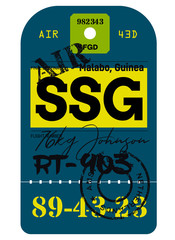 Malabo airport luggage tag. Realistic looking tag with stamp and information written by hand. Design element for creative professionals.