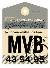 Franceville airport luggage tag. Realistic looking tag with stamp and information written by hand. Design element for creative professionals.
