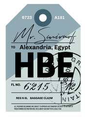 Fototapeta na wymiar Alexandria airport luggage tag. Realistic looking tag with stamp and information written by hand. Design element for creative professionals.