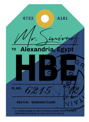 Alexandria airport luggage tag. Realistic looking tag with stamp and information written by hand. Design element for creative professionals.