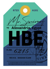 Naklejka premium Alexandria airport luggage tag. Realistic looking tag with stamp and information written by hand. Design element for creative professionals.