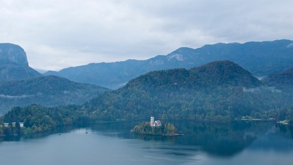 Fototapeta na wymiar Overview of Bled Island on Bled Lake in Slovenia