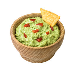 Guacamole with Tortilla Chip in Wooden Bowl Isolated on White Background