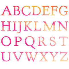 Colorful pink and orange painted antique bookletter font full alphabet capital letter set in a 3D illustration with a color painted wood isolated on a white background with clipping path.