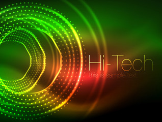 Magic neon circle shape abstract background, shiny light effect template for web banner, business or technology presentation background or elements, vector illustration