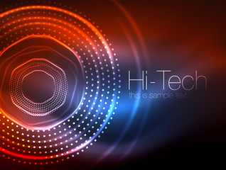 Magic neon circle shape abstract background, shiny light effect template for web banner, business or technology presentation background or elements, vector illustration