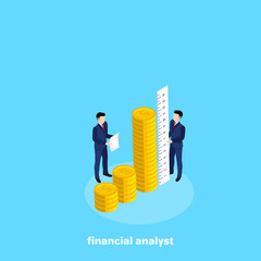 men in business suits work in a team measuring the height of a stack of coins, an isometric image