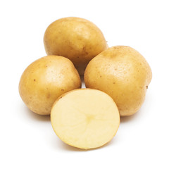 Young potatoes whole and slice isolated on white background. Harvest new. Flat lay, top view