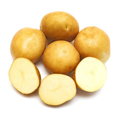 Young potatoes whole and slice isolated on white background. Harvest new. Flat lay, top view
