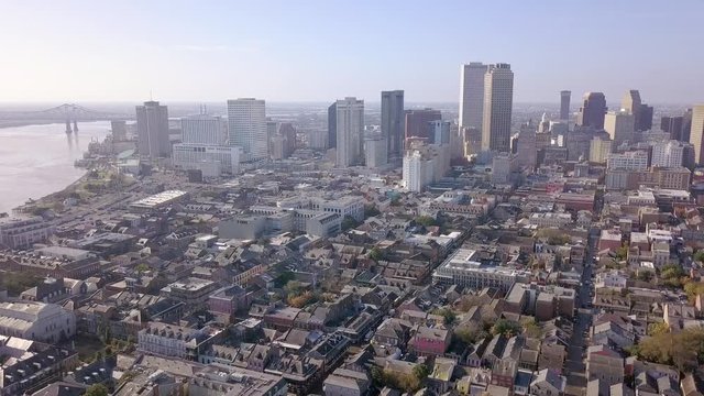 Aerial side panning view of downtown New Orleans
