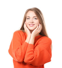 Portrait of beautiful smiling woman on white background