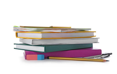 Stack of notebooks and books on white background. Doing homework