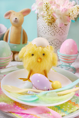 easter table setting for kids in pastel colors