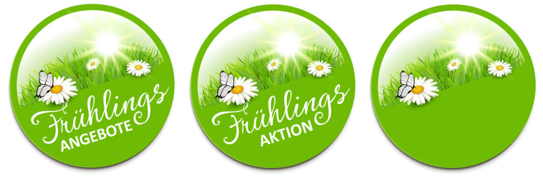 Fr&uuml;hling - Angebot Button Set mit Margeriten Blumen Wiese, Sonne und Schmetterling