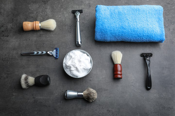 Shaving accessories for man on grey background