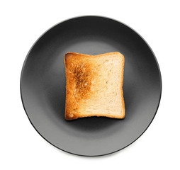 Plate with tasty toasted bread on white background