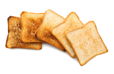 Tasty toasted bread on white background