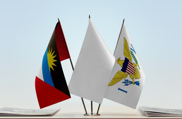 Flags of Antigua and Barbuda and U.S. Virgin Islands with a white flag in the middle