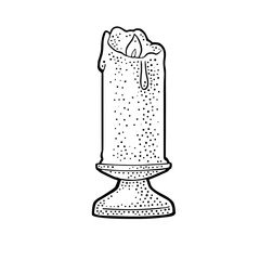 Burning candle with holder and fire flame.