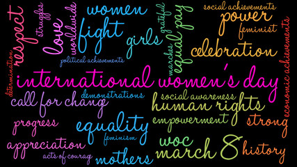 International Women's Day Word Cloud on a black background. 
