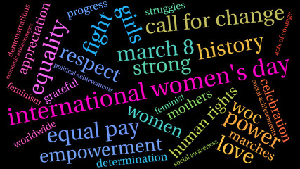 International Women's Day animated word cloud on a black background. 