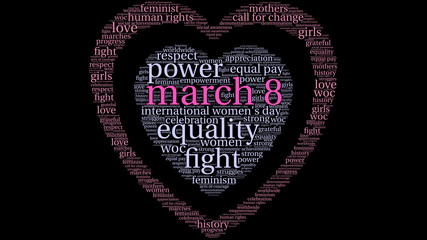 March 8 word cloud on a black background. 
