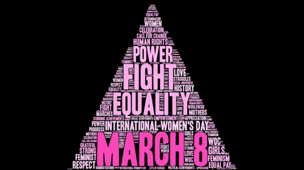 March 8 Word Cloud on a black background. 
