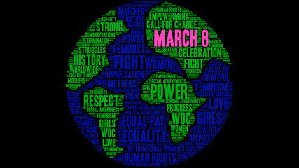 March 8 Word Cloud on a black background. 