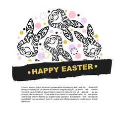 Circle concept with Bunny head. Vector design element for Happy Easter Day, party invitation, greeting card, web, postcard, girl or boy birthday, tattoo studio. Rabbit head stylized Maori face tattoo.