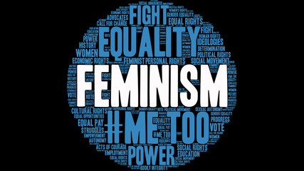 Feminism Word Cloud on a black background. 