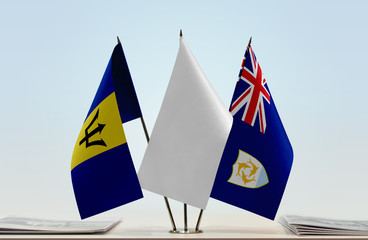 Flags of Barbados and Anguilla with a white flag in the middle