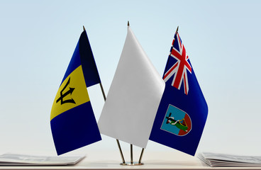 Flags of Barbados and Montserrat with a white flag in the middle