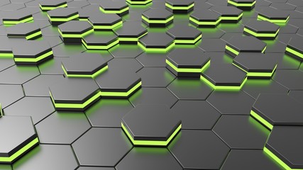 Futuristic alien hexagonal floor with green light. 3D illustration