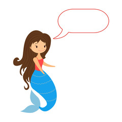 Cute little mermaid with speech bubble on white background. Cartoon mermaid with empty message bubble