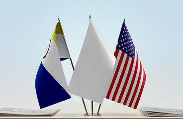 Flags of Bonaire and USA with a white flag in the middle