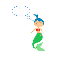 Cute little mermaid with speech bubble on white background. Cartoon mermaid with empty message bubble