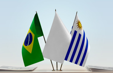 Flags of Brazil and Uruguay with a white flag in the middle