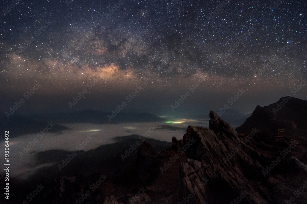 Wall mural milky way galaxy and mountain landscape.