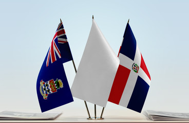 Flags of Cayman Islands and Dominican Republic with a white flag in the middle