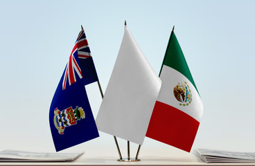 Flags of Cayman Islands and Mexico with a white flag in the middle