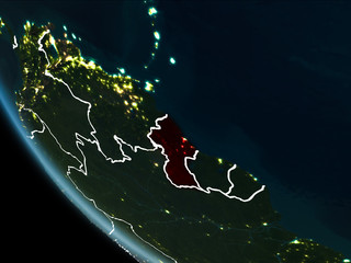 Satellite view of Guyana at night