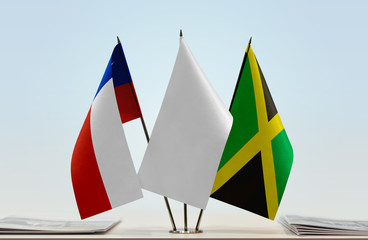 Flags of Chile and Jamaica with a white flag in the middle