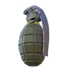 Hand bomb frag grenade green metal with scratches and round pin over. 3d render isolated on white.