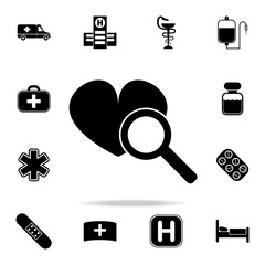 heart search icon. Set of Medecine and hospital icons. Premium quality graphic design. Sign sand symbols collection, simple icons for websites, web design