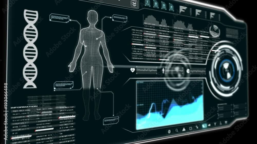 Poster 4k 3d animation of user interface hud with woman body analysis and dna moving on dark background for