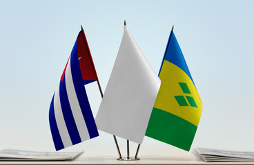 Flags of Cuba and Saint Vincent and the Grenadines with a white flag in the middle