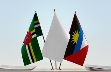Flags of Dominica and Antigua and Barbuda with a white flag in the middle